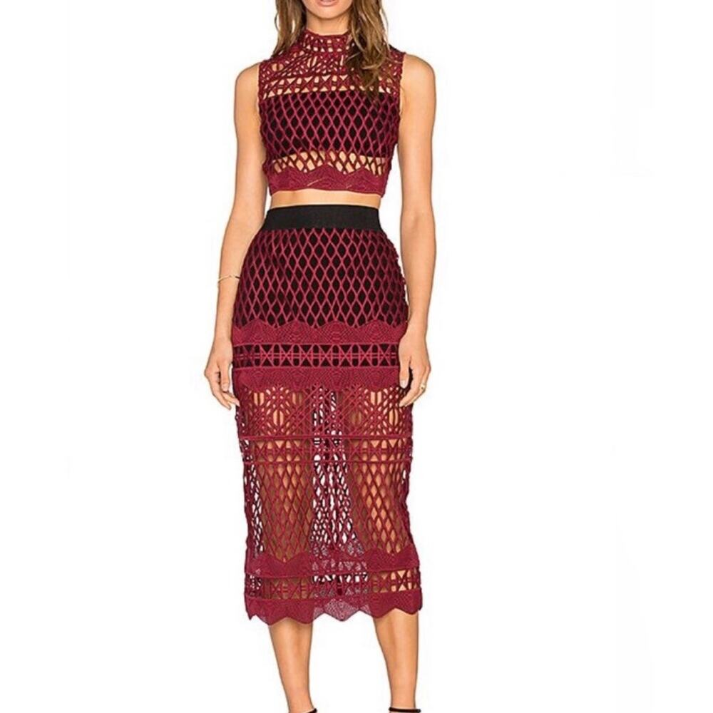Self-Portrait Cutwork Burgundy Mesh Crop Top & Midi Skirt Set Size 8